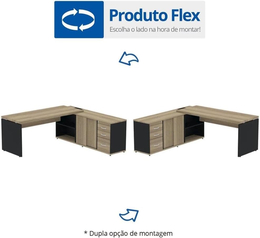 Mesa para Escritório em L Diretor 190x180cm Preto/Noce Naturalle