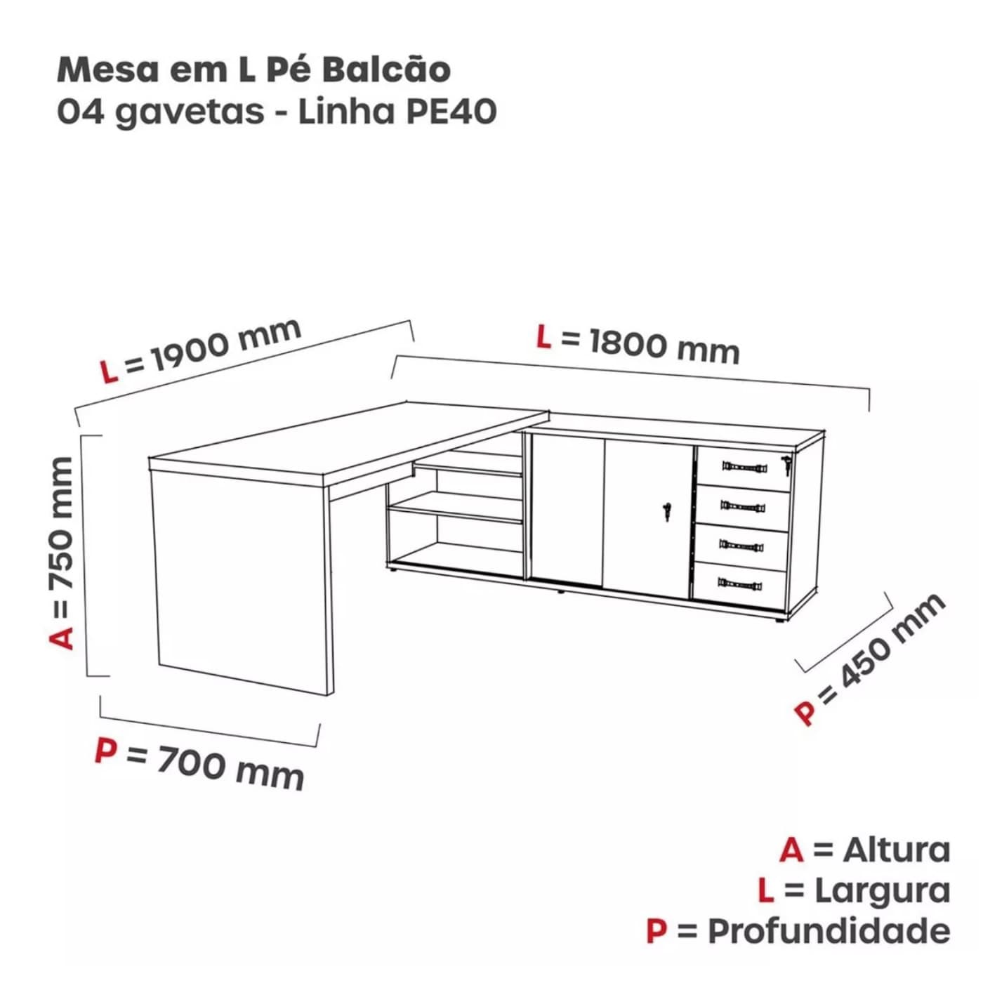 Mesa para Escritório em L Diretor 190x180cm Preto/Walnut