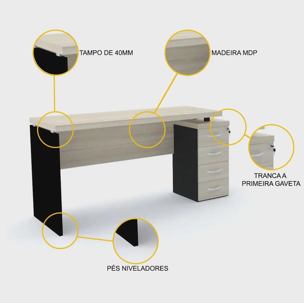 Mesa para escritório 4 gavetas PE40 - Nogueira