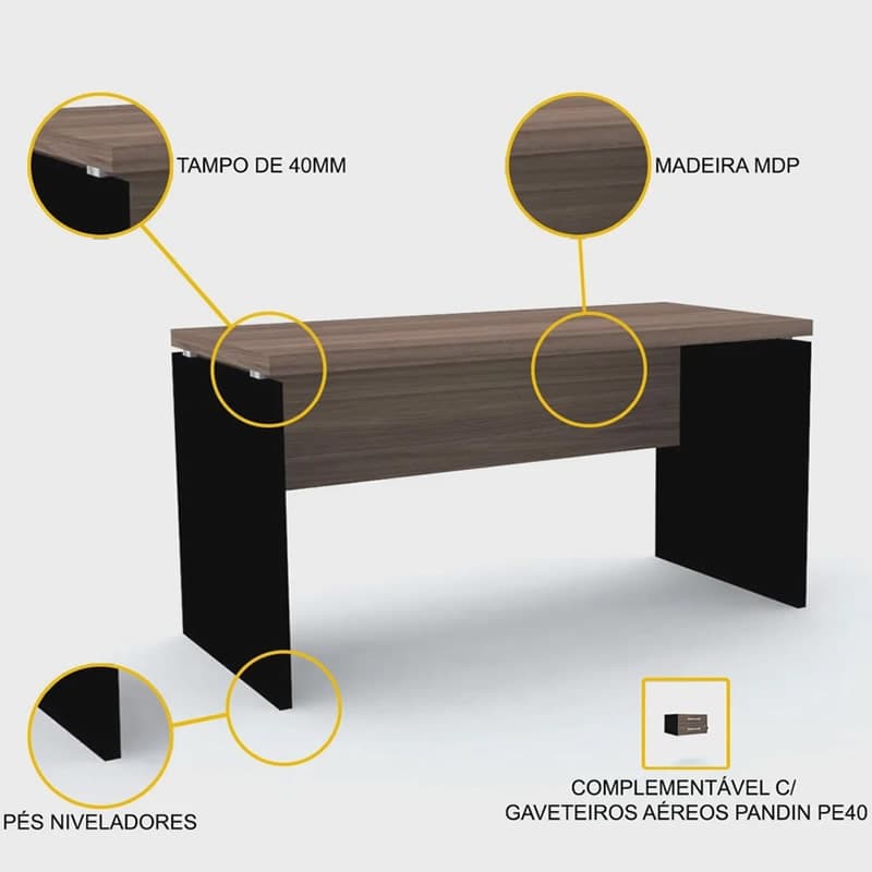 Mesa de Escritório Pé Painel Pe40 em Mdp 150 x 70 cm Base Preta Cor Walnut Base Preta