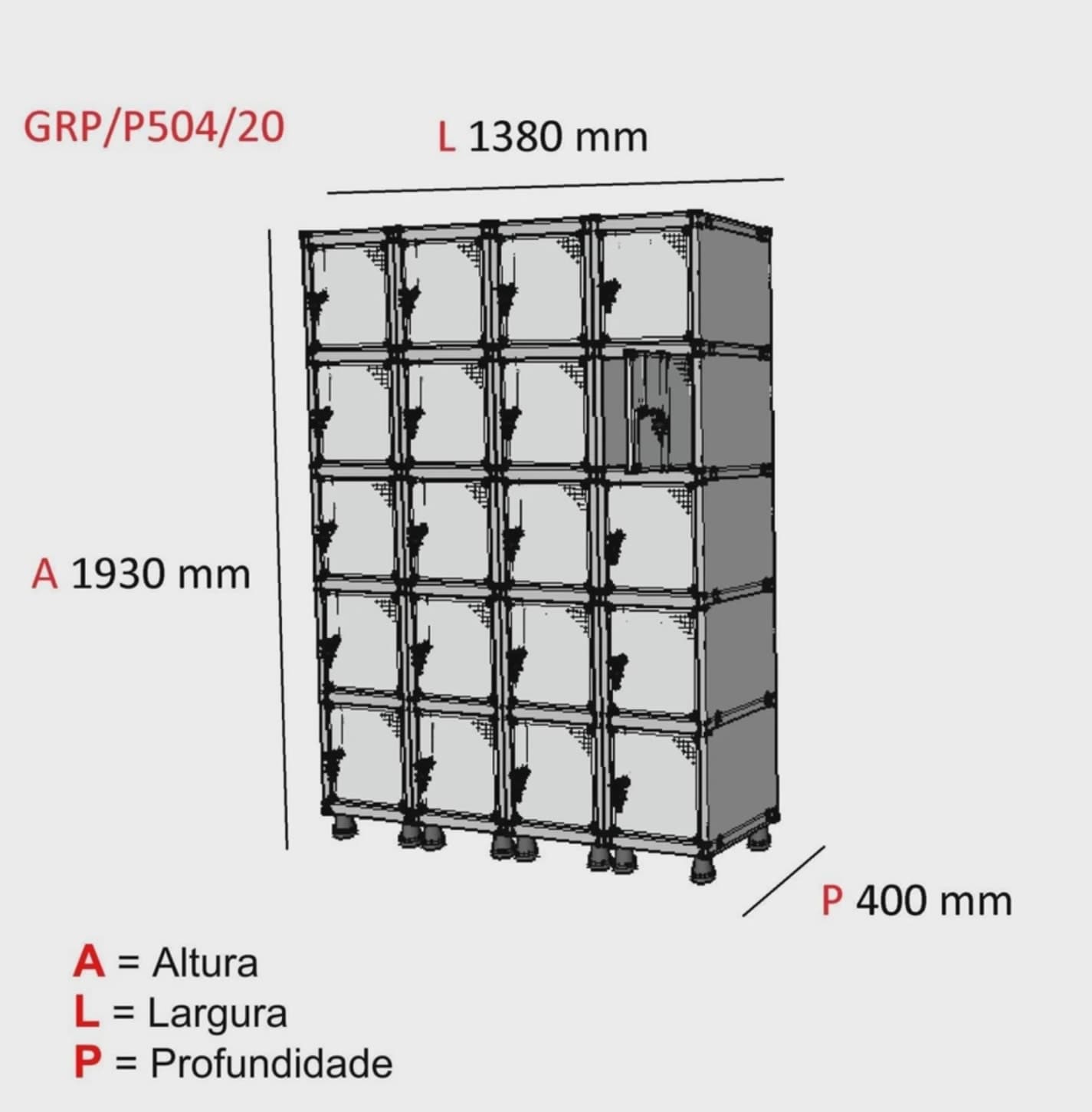 Roupeiro de Aço 4 Vãos 20 Portas com Pitao, Cinza 1,90 M